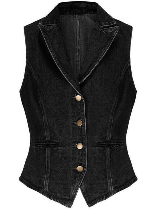 Jackets & Blazers - Women's Black Lapel Denim Vest Sleeveless Business Work Jean Waistcoat Vest